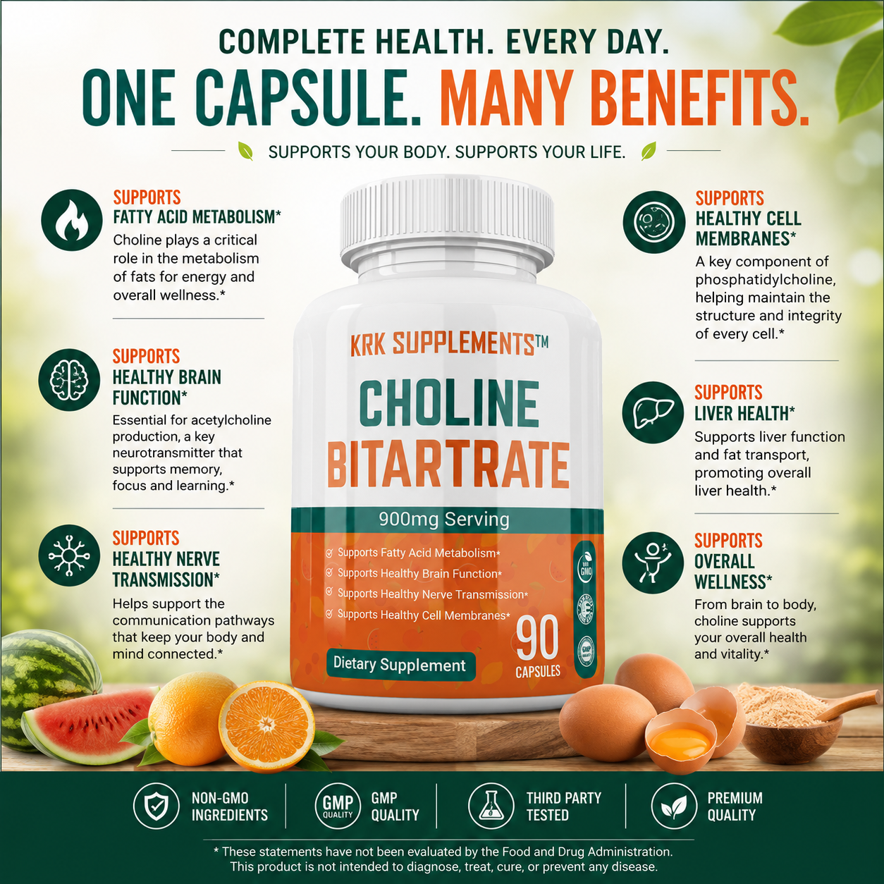 Choline Bitartrate 900 mg – 90 Capsules | KRK Supplements