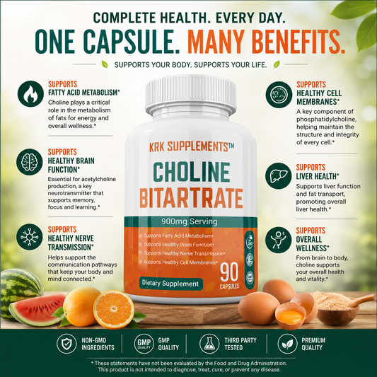 Choline Bitartrate 900 mg – 90 Capsules | KRK Supplements