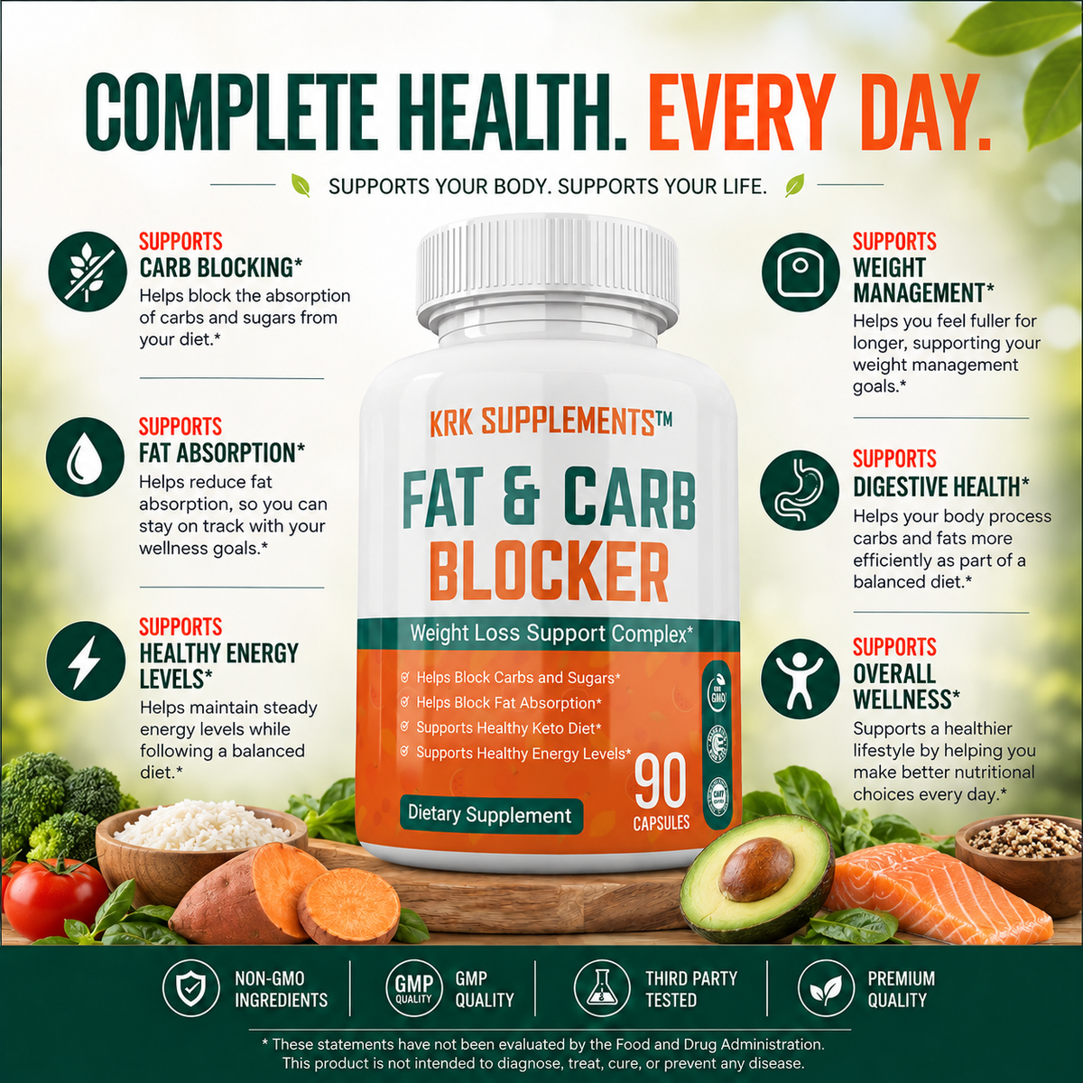 KRK Supplements Fat and Carb Blocker 90 capsules complete health everyday wellness graphic