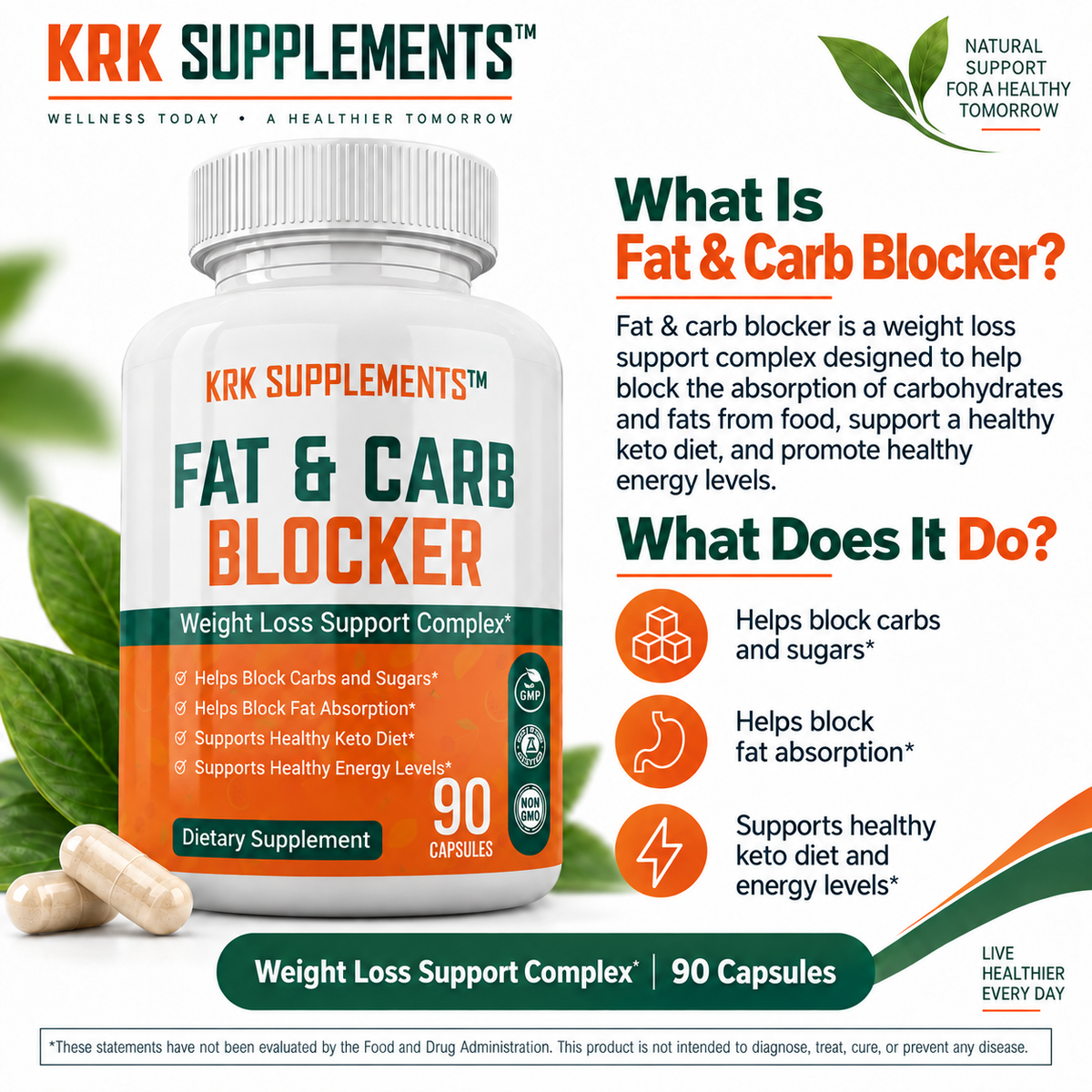 KRK Supplements Fat and Carb Blocker 90 Capsules product overview graphic