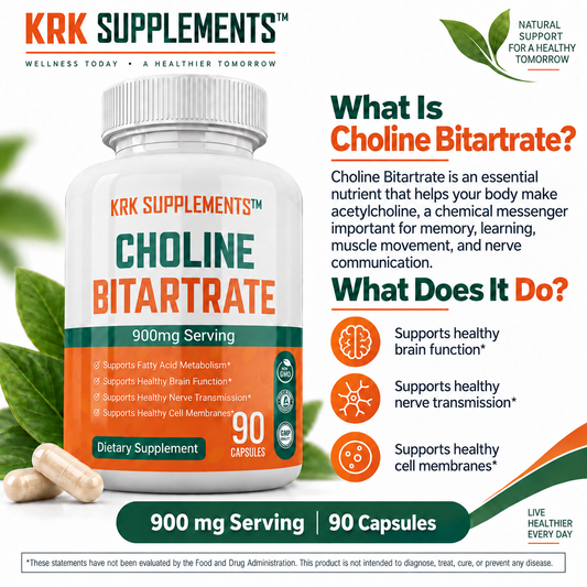 KRK Supplements Choline Bitartrate 900 mg product overview and benefits graphic