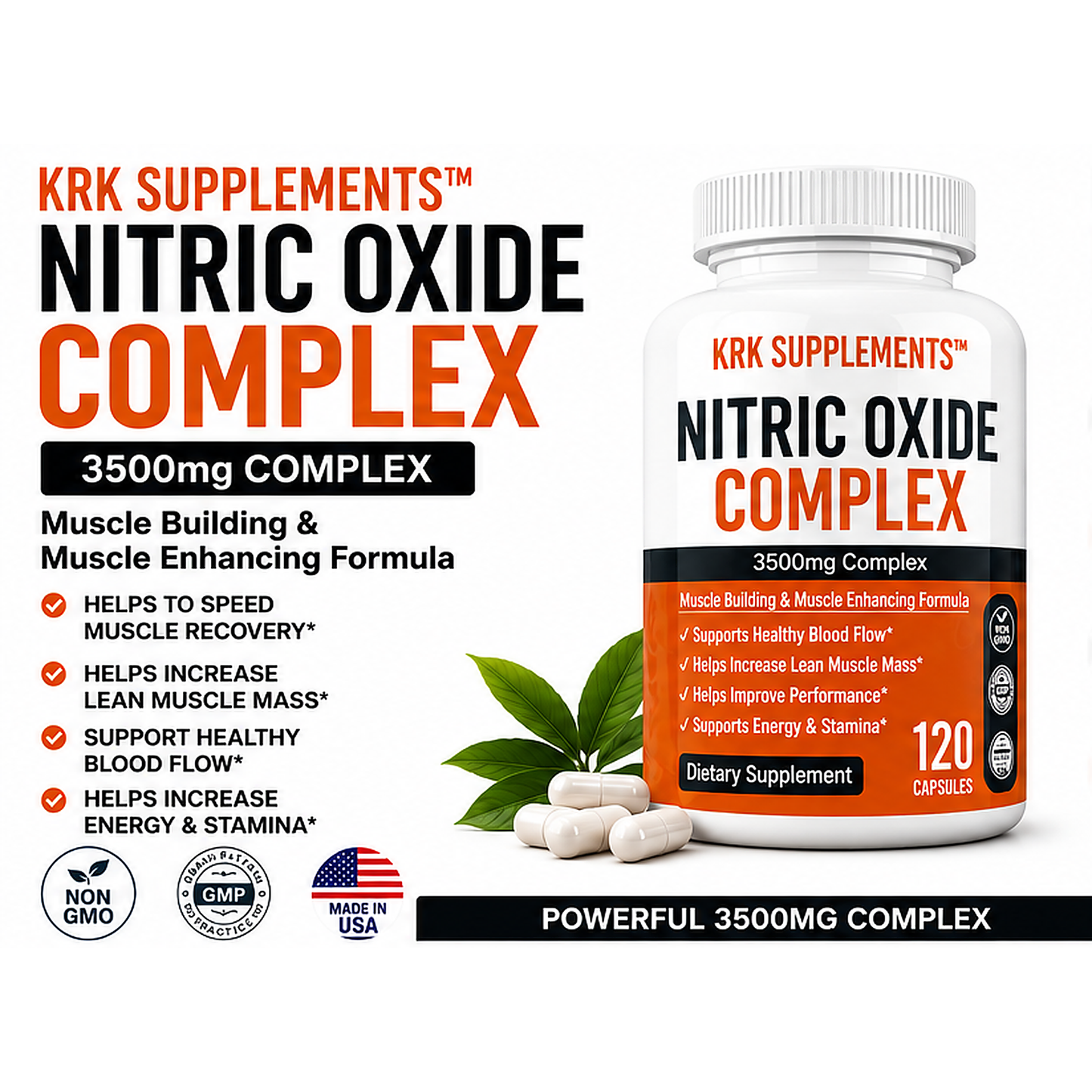 Nitric Oxide Complex 3500 mg – 120 Capsules | KRK Supplements