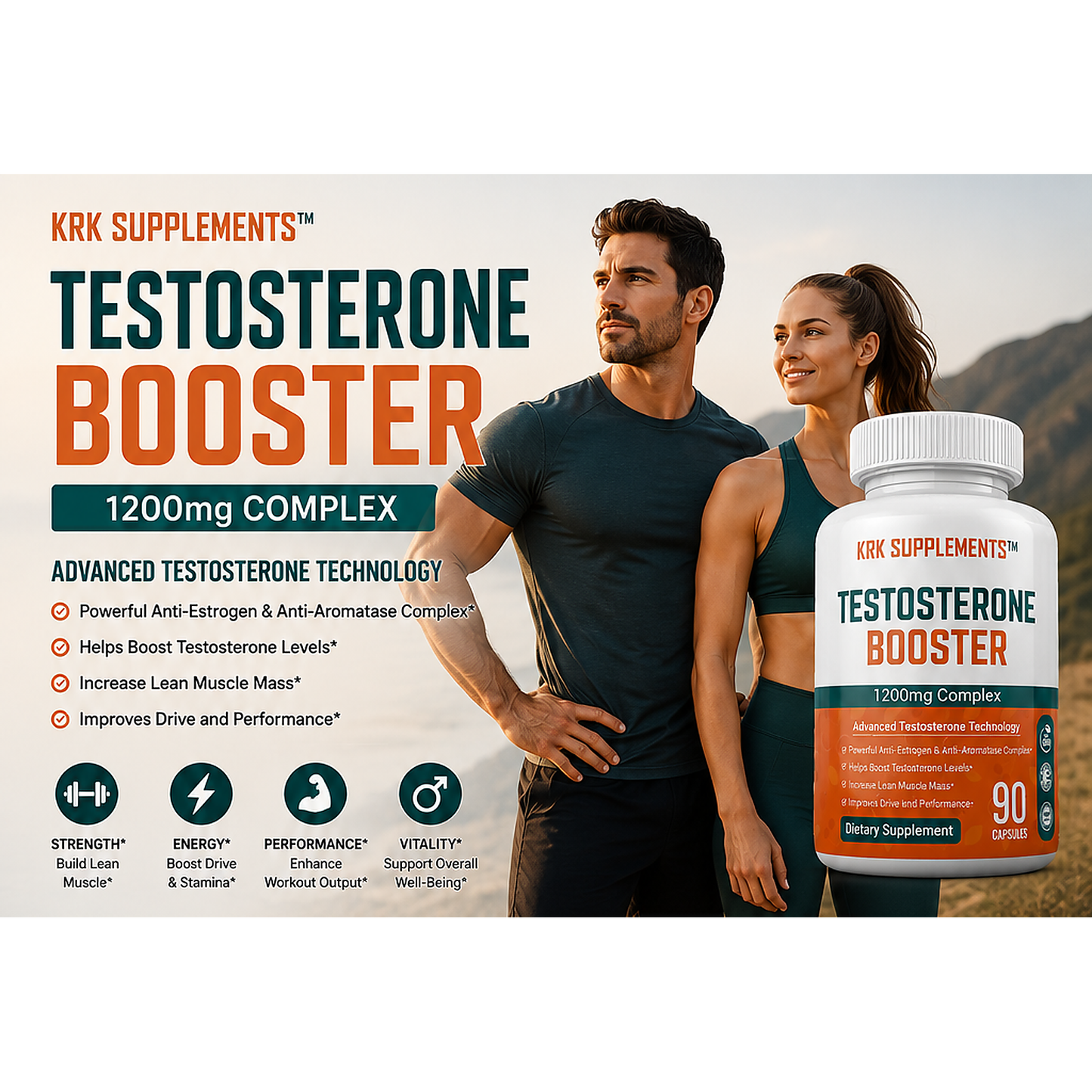 Testosterone Booster 1200 mg Complex – 90 Capsules | KRK Supplements