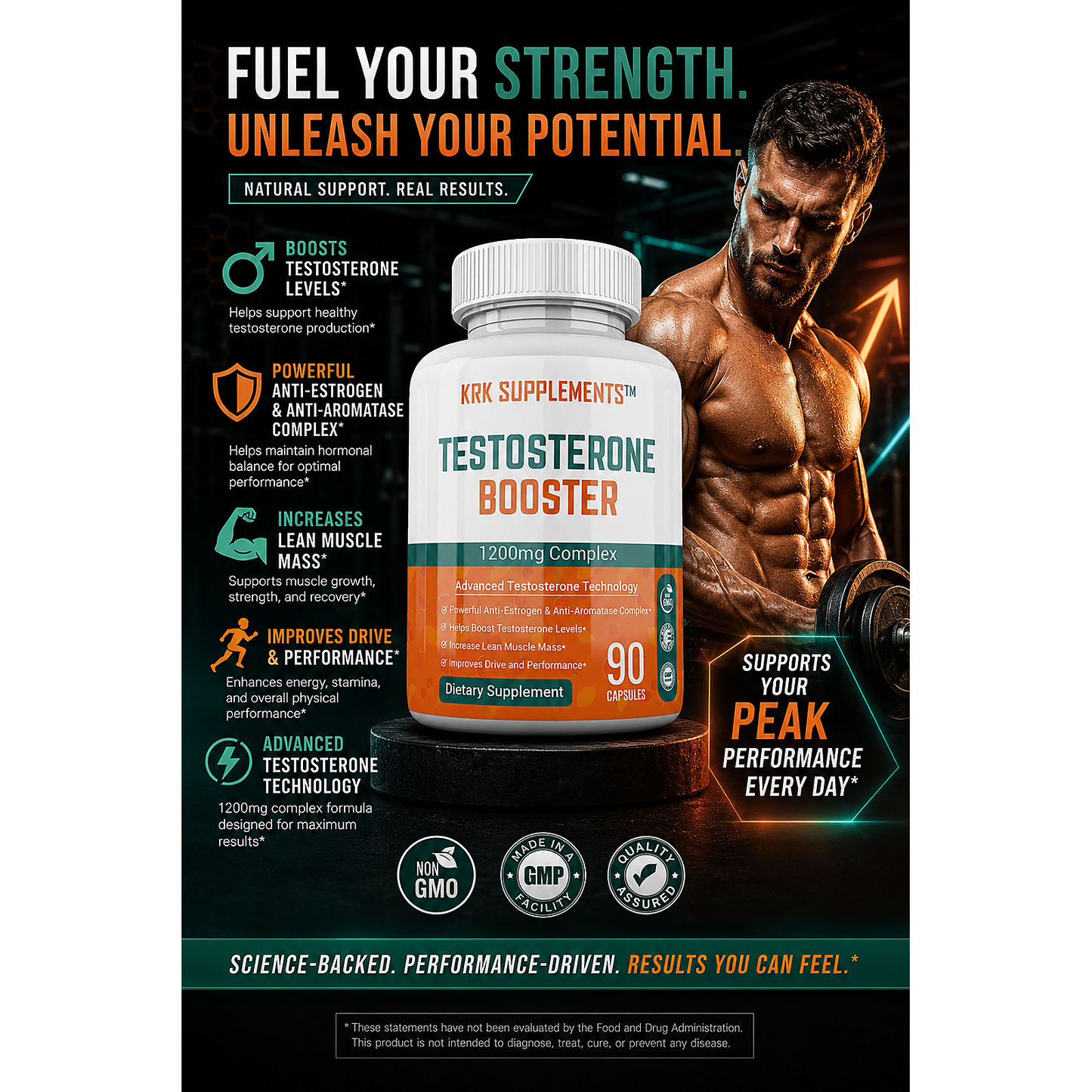 Testosterone Booster 1200 mg Complex – 90 Capsules | KRK Supplements